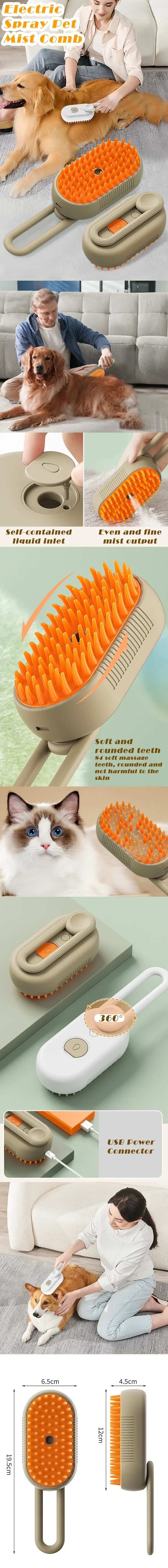 3-in-1 Steam Cat Brush Pet Hair Remover Vaporizer Grooming Comb with Massage Spray for Cats Durable Cleaning Tool